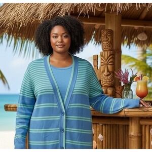 Isaac Mizrahi Live Blue Green Striped Cardigan and Tee Set A393578 Woman's Med
